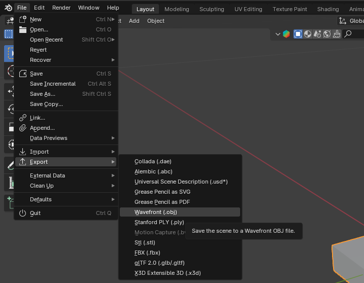 Blender menu to export selected object to WaveFront format