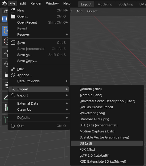 Import STL Blender menu