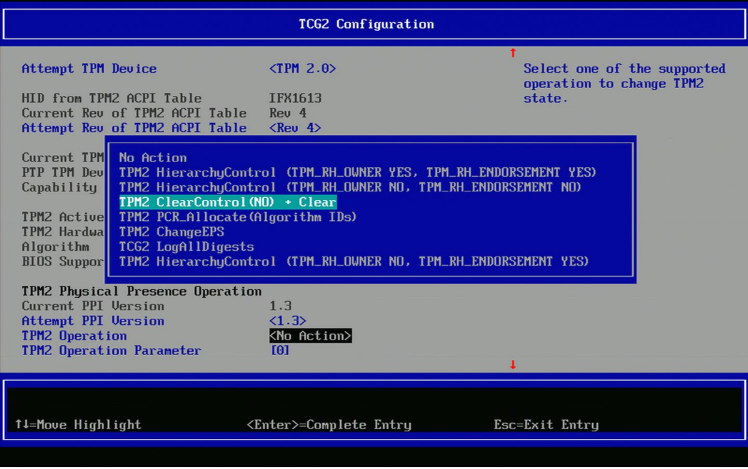TPM Clear Configuration Menu