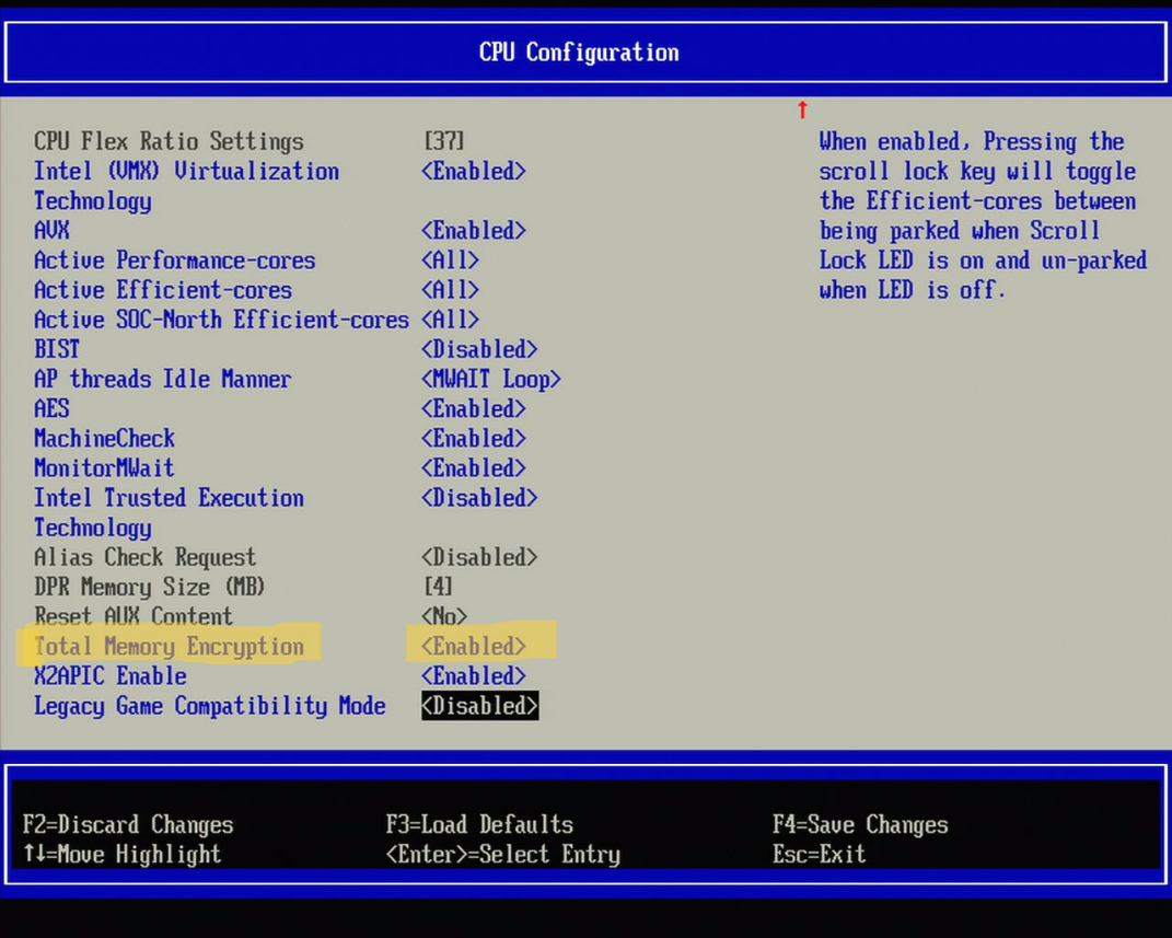 TME BIOS Configuration Menu