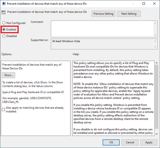 Prevent Device Installation - Enabled