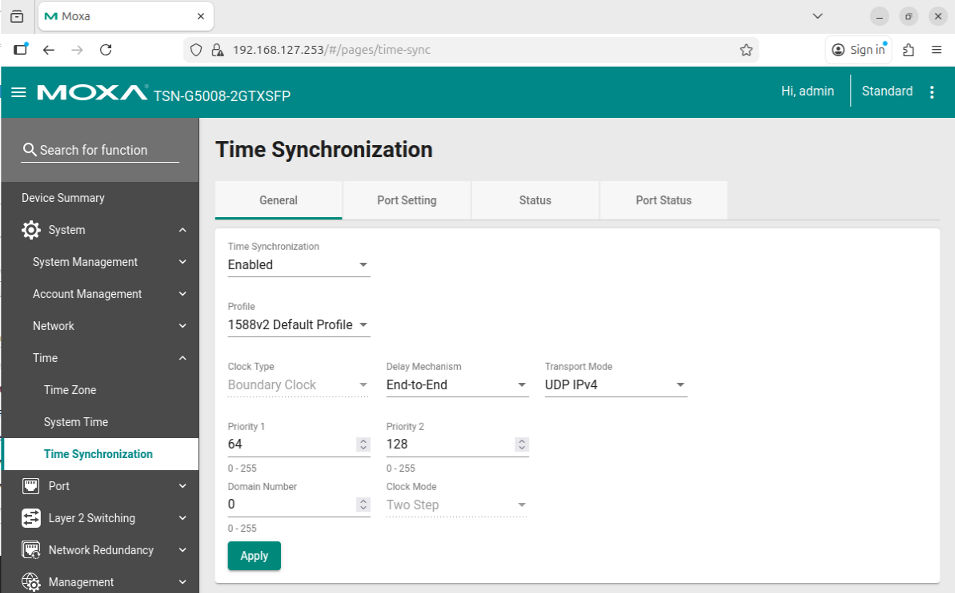 MOXA Time Sync Settings for Basler