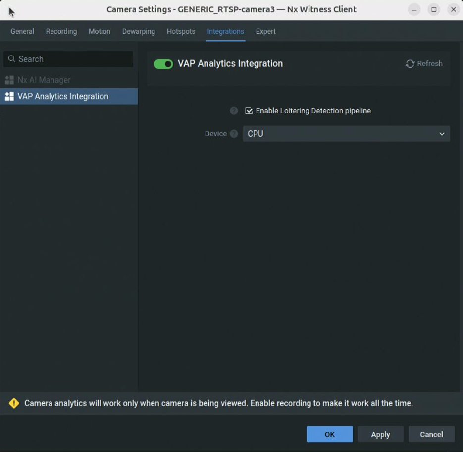 VAP Analytics Integration settings panel showing the Enable Pipeline checkbox and Device dropdown