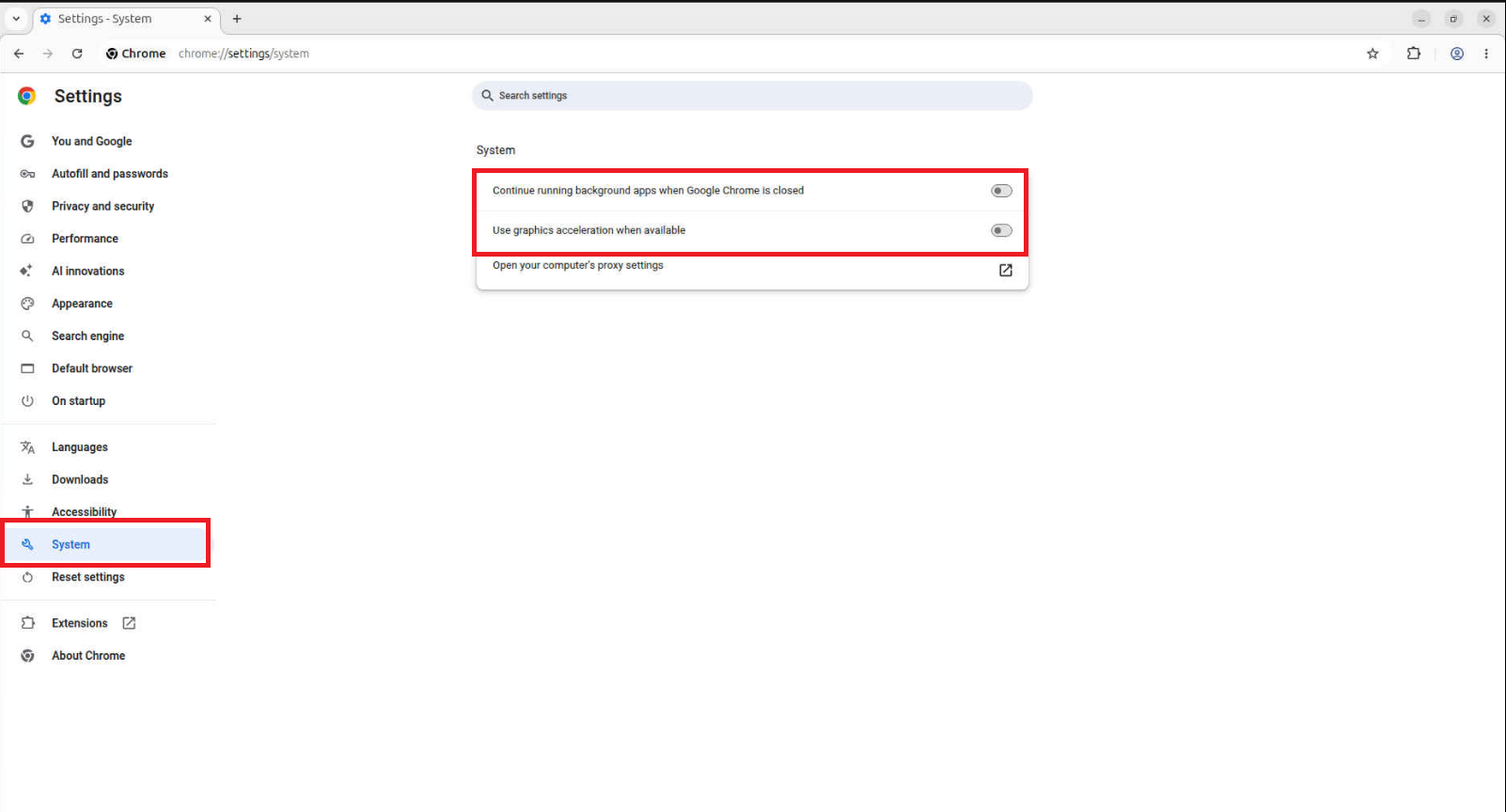 Chrome System settings