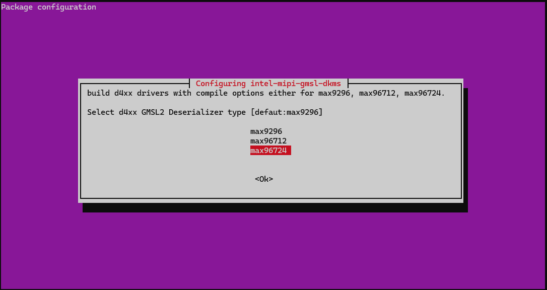 GMSL deserializer selection dialog
