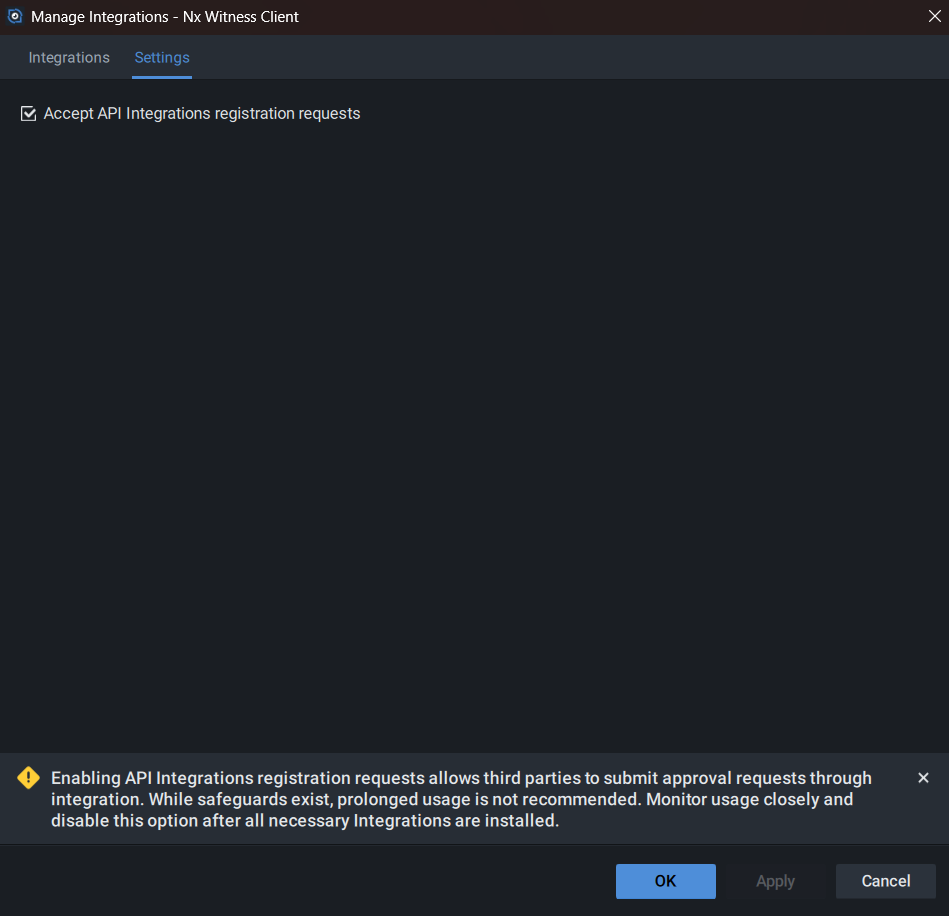 Accept API Integrations registration requests setting in Nx Witness
