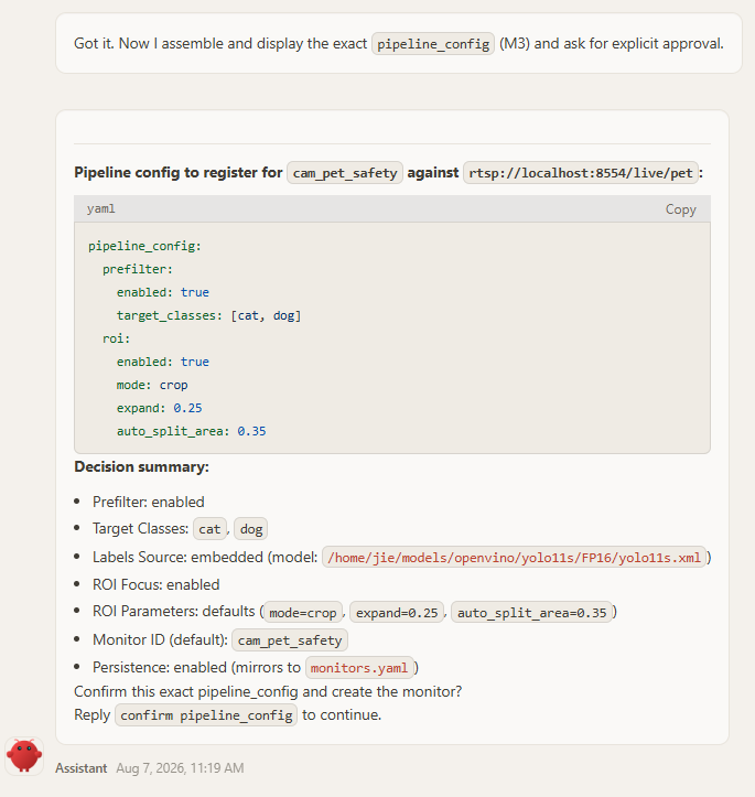 OpenClaw displays the exact pipeline config and decision summary