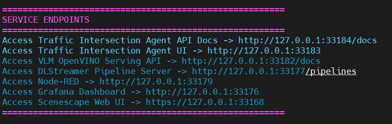 Service endpoints displayed after setup completion