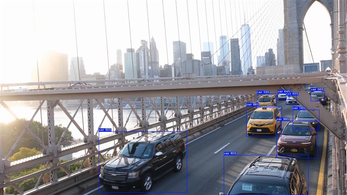 Object detection output: bounding boxes and labels on cars and people crossing the bridge
