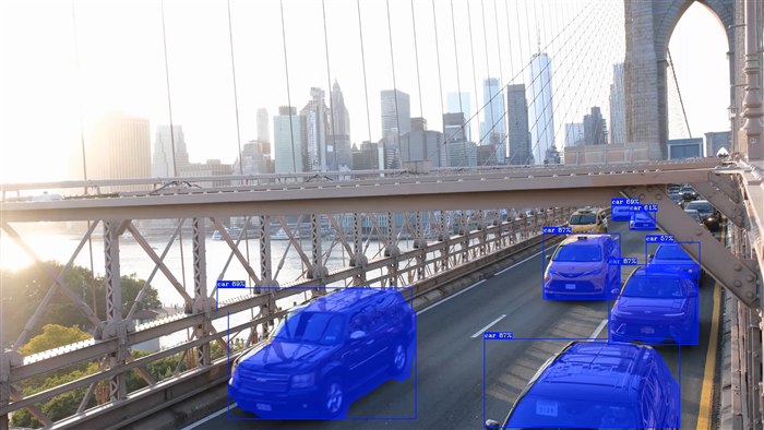 Instance segmentation output: colored masks following the exact shape of each vehicle