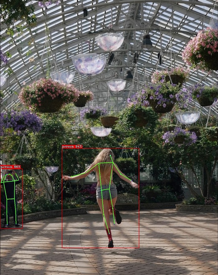 Human pose estimation output: a skeleton of keypoints overlaid on the dancer