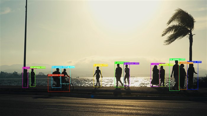 Object tracking output: people on the beach each keep a stable ID box across frames