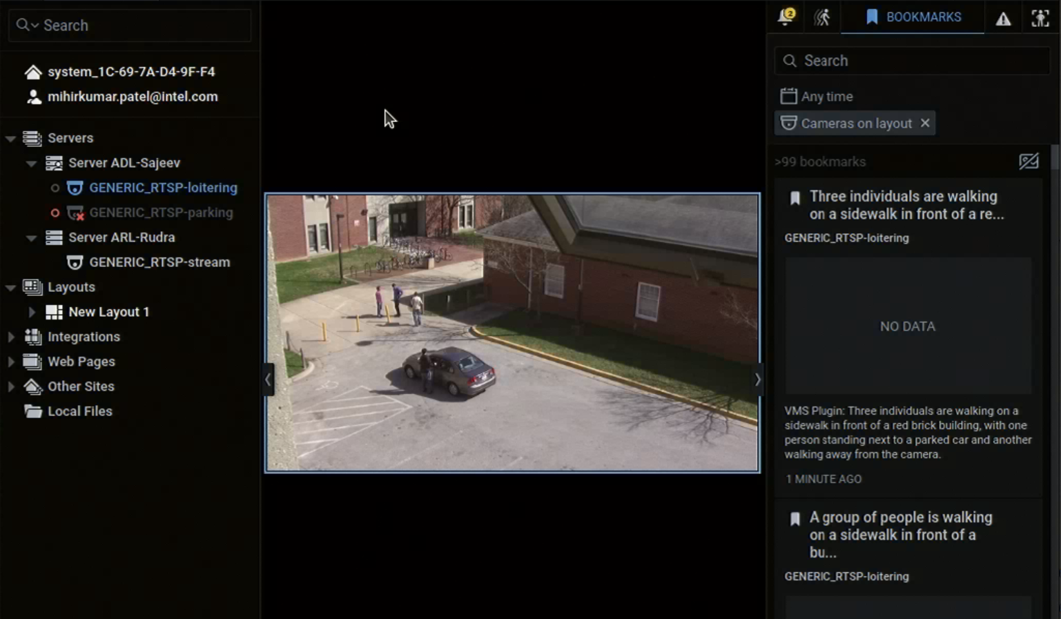 Nx Witness Bookmarks tab showing LVC captions as timestamped bookmark entries