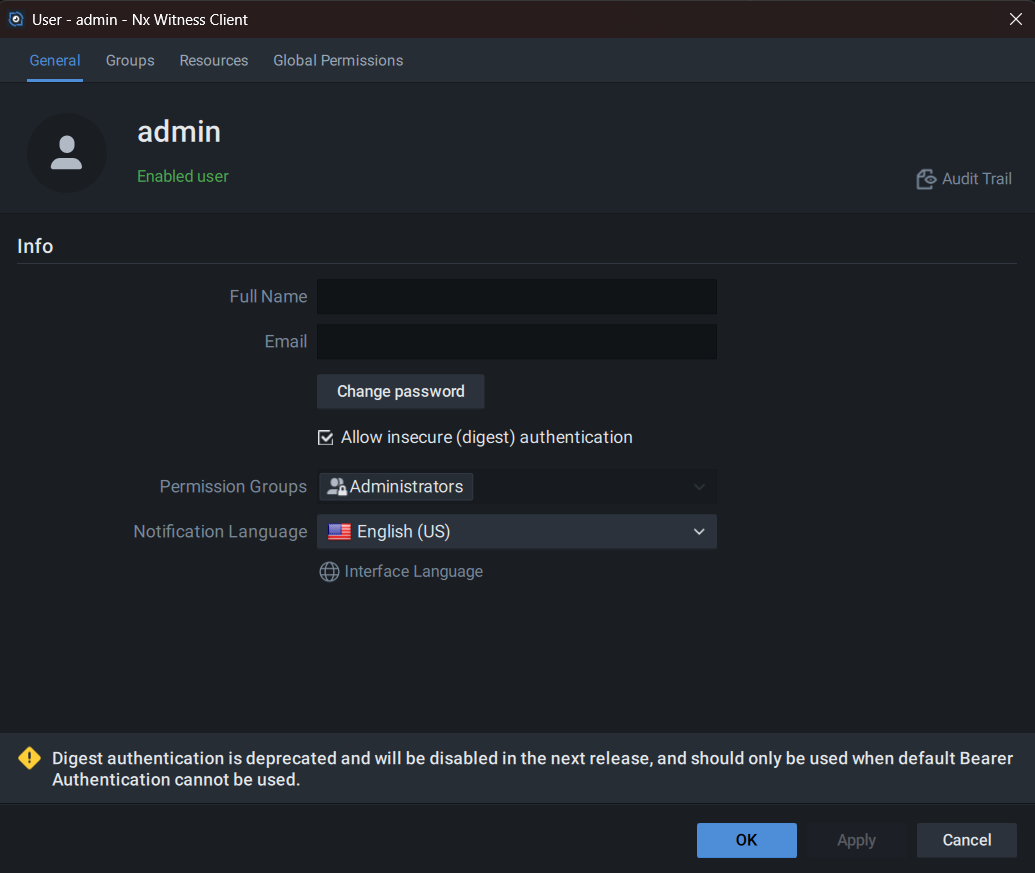 Enable digest authentication for RTSP in the Nx Witness user settings