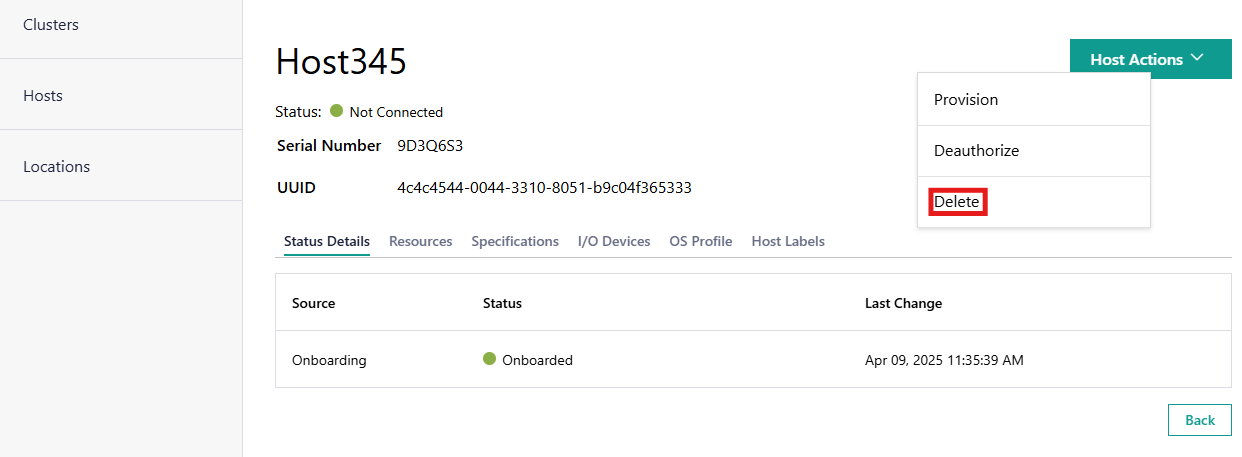 Delete host from the Host Details page