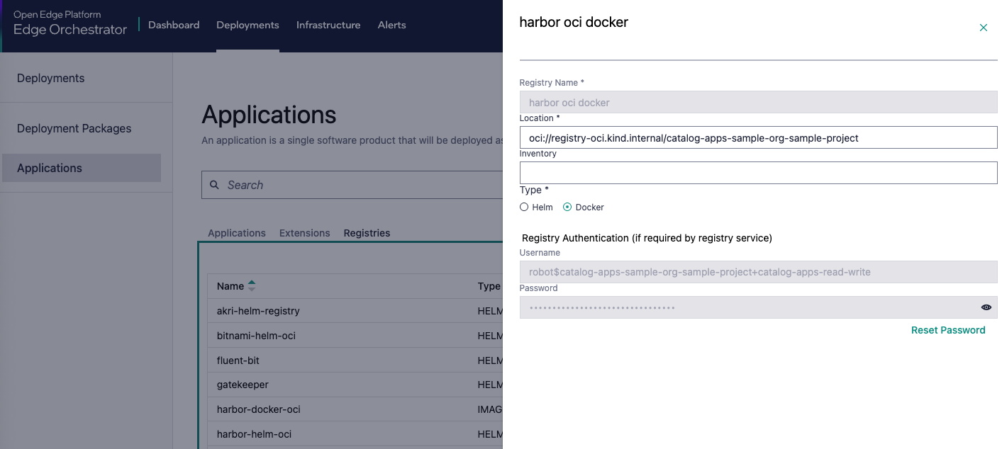 harbor-docker-oci Registry object showing rootUrl (location)