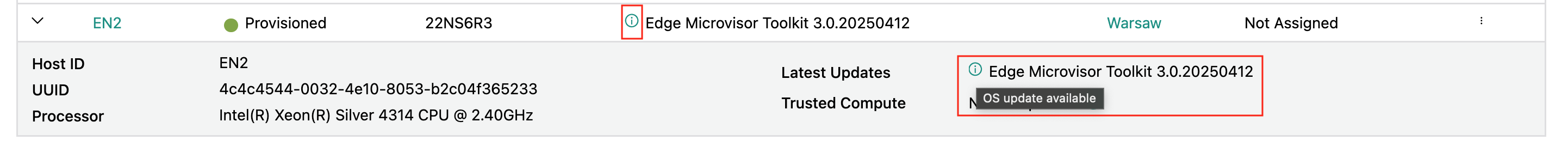 Edge Microvisor Toolkit available update in Host view