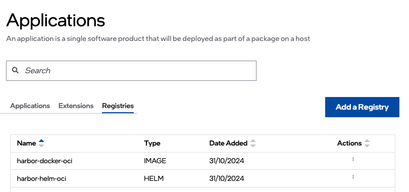 Application registries page
