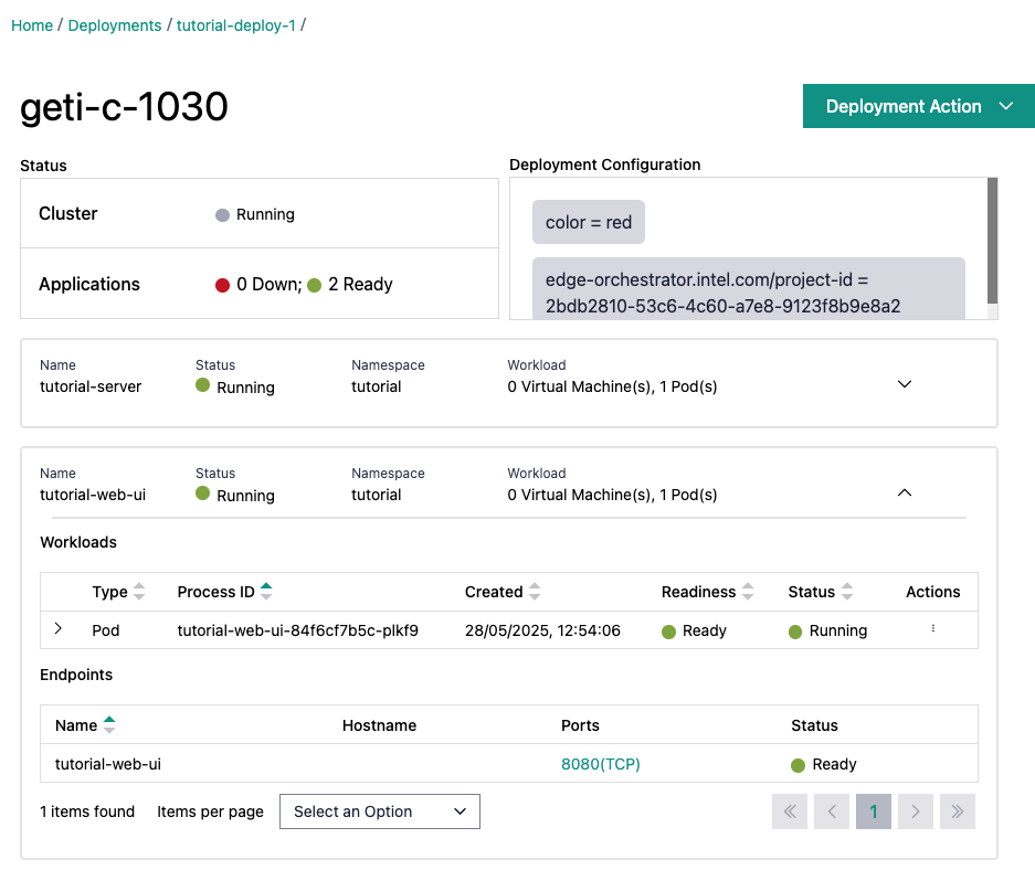 Tutorial Application deployed on cluster