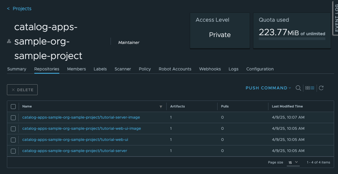 OCI Registry showing images and charts