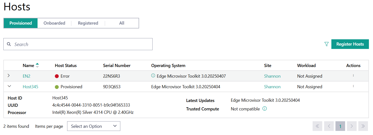 Provision Host Drop Down menu