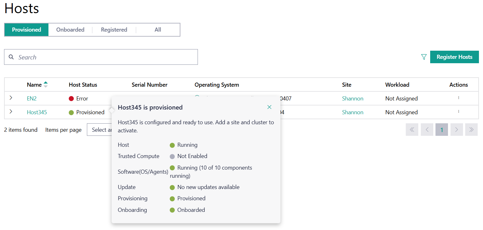Provision Host Status Menu